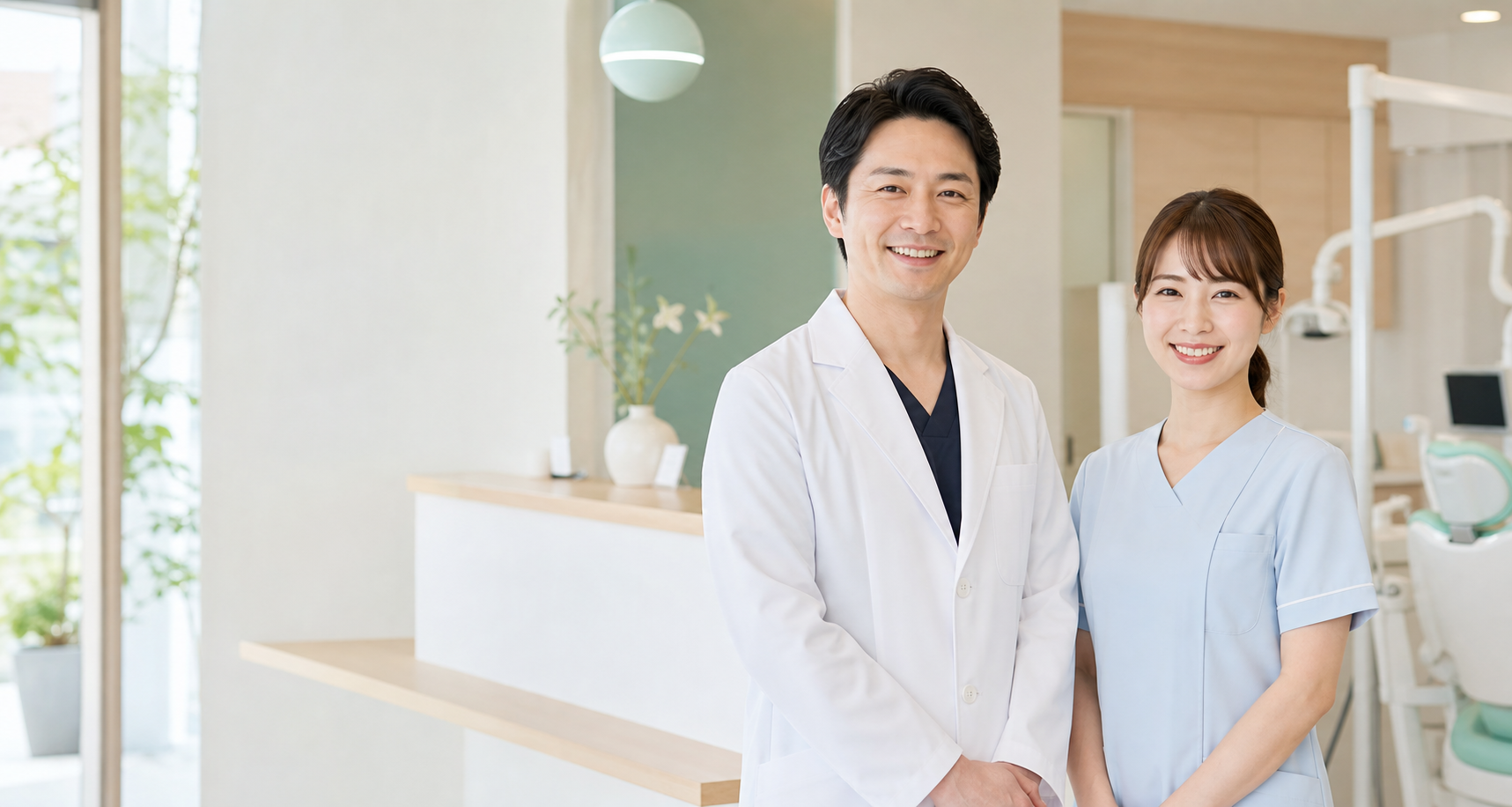 笑顔の歯科医師とスタッフが迎える明るい歯科クリニック